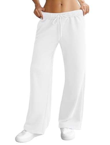 DLOODA Womens Wide Leg Sweatpants Interior Drawstring Baggy Sweat Pants with Pockets Elastic Waisted Lounge Casual Trousers White - Image 1