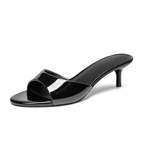 Athlefit Kitten Heels for Women Open Round Toe Comfortable Short Low Heels Summer Dressy Slip On Walking Heeled Sandals Black Patent Size 7.5 - Image 1