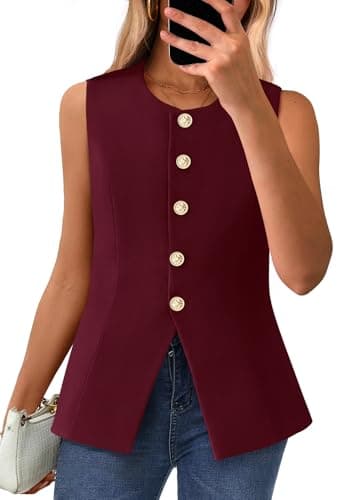BTFBM Summer Sleeveless Blazer Vest For Women Dressy Button Down Round Neck Business Casual Outfits Work Suit Vests Tops(Burgundy, Large) - Image 1