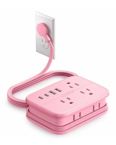 NTONPOWER Pink Extension Cord, Travel Power Strip, 6 Outlets 4 USB Ports(2 USB C), 4ft Extension Cord Wrapped Around Small Power Strip, Compact for Travel, Hotel, Cruise Approved, White - Image 1