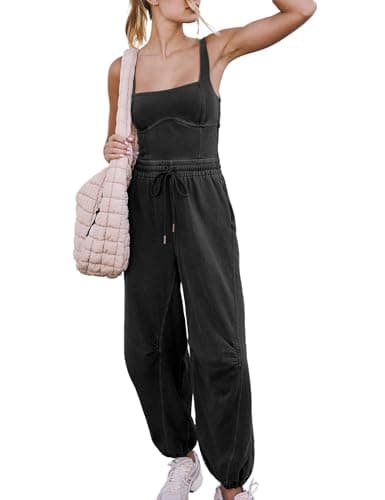 Fmkagva Women’s One Piece Overall Jumpsuits Sleeveless Athletic Onesie Adjustable Drawstring Waistband Overalls Rompers (Black-M) - Image 1
