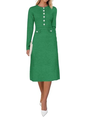 Saodimallsu Women's Fall Long Sleeve Sweater Dress Knit Bodycon Crew Neck Button Decor. Elegant Formal Midi Dresses Green - Image 1