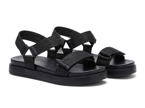 Coutgo Womens Flat Sandals Arch Support Adjustable Strap Sandals Comfort Walking Summer Beach Shoes, Black Textile, Size 7 - Image 1