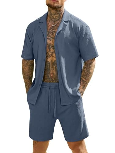 JEMLDL Mens 2 Piece Outfits Short Sleeve Textured Shirts and Shorts Set Summer Vacation Travel Outfits for Men Gray Blue XXL - Image 1