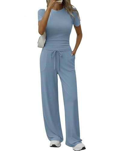 Flevita Women's 2 Piece Sets Summer Airport Outfits T-shirts and Wide Leg Pants Set Comfortable Travel Lounge Wear Pjs with Pockets Blue XS - Image 1