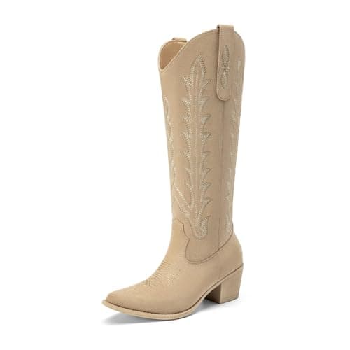 Athlefit Western Cowboy Boots for Women Knee High Cowgirl Comfortable Pull On Block Heel Pointed Toe Embroidered Camel Suede Tall Boots for Travel Walking Camel Suede Size 5.5 - Image 1