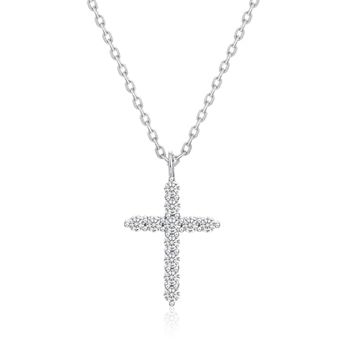 IMOLOVE Crucifix Necklace Men 0.5 Carat Dainty 925 Sterling Silver Pendant Necklaces for Women Simple Trendy Moissanite Pendant Necklace for Women with 18K White Gold Plated - Image 1