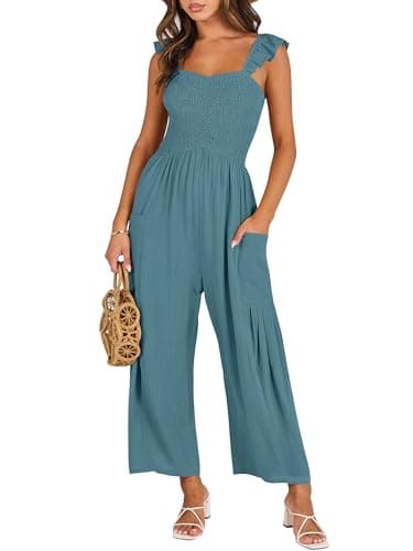 ANRABESS Women Summer Casual Dressy Sleeveless Smocked Wide Leg Linen Jumpsuits Rompers 2025 Trendy Travel Outfit Pocket Gray Blue Small - Image 1