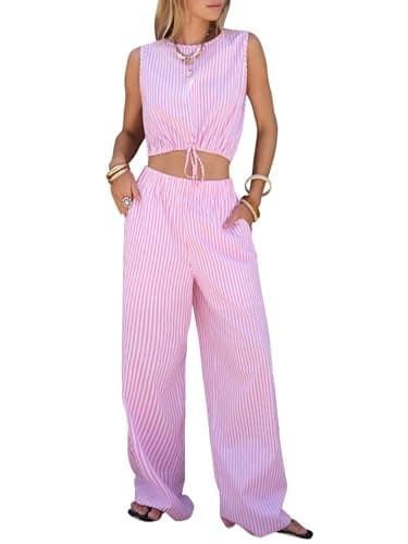 EXLURA Womens 100% Cotton 2 Piece Outfits Stripe Drawstring Crop Tank Tops Wide Leg Pant Sets Faux Linen Summer Cruise Beach - Image 1