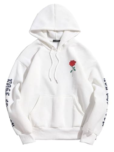 ZAFUL Men's Fleece Hoodie Unisex Rose Letter Print Hooded Pullover Kangaroo Pocket Sweatshirt White XL - Image 1
