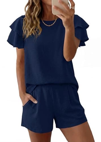 KIRUNDO Two Piece Short Sets For Women 2026 Spring Summer Ruffle Short Sleeve Top Elastic Waist Pants Travel Beach Lounge Set(Navy, Small) - Image 1
