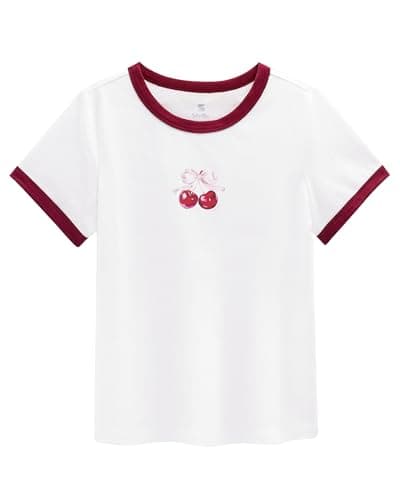 Stelle Girls Shirt Short Sleeve T-Shirt Crew Neck Casual Basic Summer Tee Tops for Kids Teen 5-15 Years(Cherry|White,XS) - Image 1