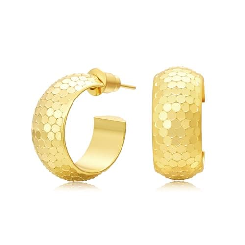 Eyeshock Small Gold Hoop Earrings for Women Wide Thick Half Huggie Hoops Chunky Hoop Earrings 18K Real Gold Plated 925 Sterling Silver Hammered Hypoallergenic Lightweight - Image 1