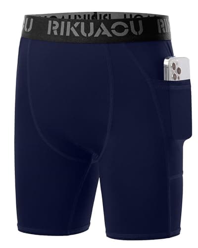 RIKUAOU Youth Boys Compression Shorts with Side Pockets, Kids Athletic Base Layers Running Underwear for Baseball Football Navy Blue - Image 1