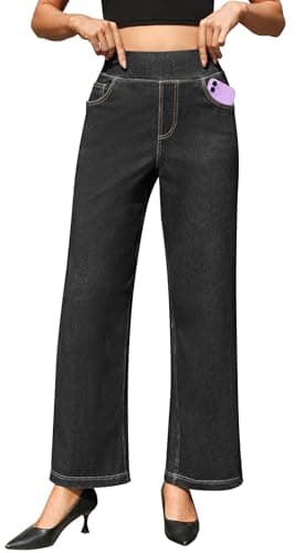 AVAMO Stretchy Wide Leg Jeans for Women Baggy Pull On High Waisted Jeans Elastic Sweatpant Jean Trendy Straight Denim Pants Black - Image 1