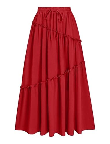 Gracyoga Long Skirts for Women High Waist A Line Skirt Casual Flowy Tiered Skirt with Pockets Summer Floral Boho Skirt Red Large - Image 1
