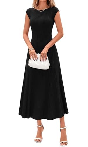 BTFBM Womens Spring Dresses 2026 Asymmetrical Neck Short Sleeve Pleated Swing Knit Midi Dress Business Casual(Black, Small) - Image 1