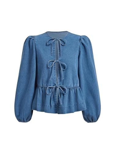 MakeMeChic Women's Denim Blouse Jean Tops Casual Bow Tie Front Lantern Sleeve Top Crew Neck Ruffle Hem Shirt Light Wash Small - Image 1