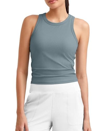 G4Free Gym Tank Tops Woman Yoga Athletic Racer Back Tanks Soft Stretchy Breathable Slim Fit for Pilates Tennis Running (Gray Blue,M) - Image 1