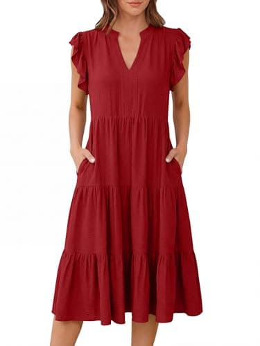 ANRABESS Womens Summer Casual Dress V Neck Ruffle Sleeve Midi Dresses 2026 Trendy Flowy Tiered Boho Beach Vacation Sundress Red-L - Image 1