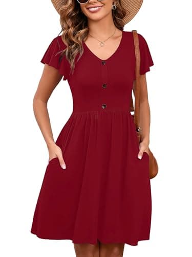 Heymoments Women Summer Dress Burgundy Large Ruffle Sleeve V Neck Casual Cute Loose Sundress Comfy Swing Button Down Midi Work Flowy Tunic Ladies Beach Vacation Teacher Dresses with Pockets - Image 1