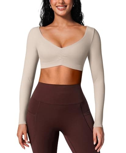 BRXL Long Sleeve Workout Top for Women Cropped Gym Tops Built in Bra Padded Yoga Pilates Shirts Deep V Neck Buttery Soft Beige - Image 1