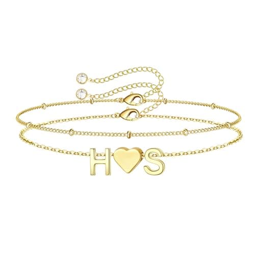 Turandoss 2 Initial Bracelets for Women – Elegant Heart Double Letter HS Charm, 14K-Gold-Plated Layered Jewelry, Birthday Gifts for Women - Image 1