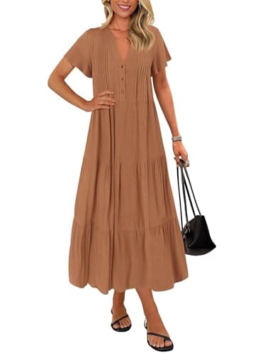 KIRUNDO Summer Maxi Dresses for Women 2026 Spring Fashion Short Sleeve Button V Neck Pleated Loose Tiered Swing Flowy Dress(Brown, Small) - Image 1