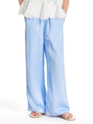 Barry Banny Girls Wide Leg Pants Satin Palazzo Pants for Girls Elastic Waist Flowy Summer Beach Vacation Pants for Kids 12-13Y - Image 1