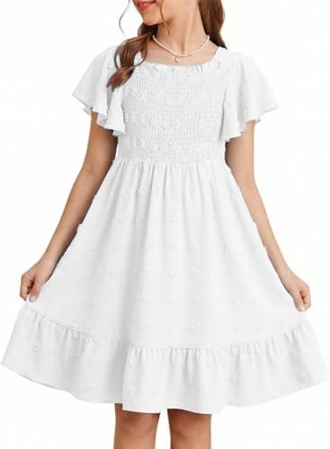 DOKOTOO KIDS Girls Dresses Tween Summer Beach Smocked Short Sleeve Ceremony Dress Polka Dot Girl Boho A Line Ruffle Party Wedding Cocktail Sundress White Size 8 9 Years Old - Image 1