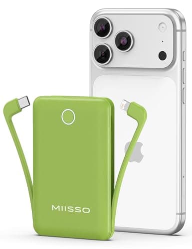 miisso 10000mAh Mini Portable Charger with Built in Cable, Pocket Size Power Bank Travel External Battery Pack for Phone, 3 Output USB Type C Cord Clutch Compatible with iPhone, Samsung, Green - Image 1