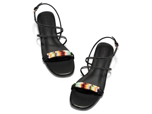 Coutgo Womens Strappy Flat Sandals Open Toe Lace Up Beaded Gladiator Flats Ankle Strap Summer Beach Shoes, Black, Size 8 - Image 1