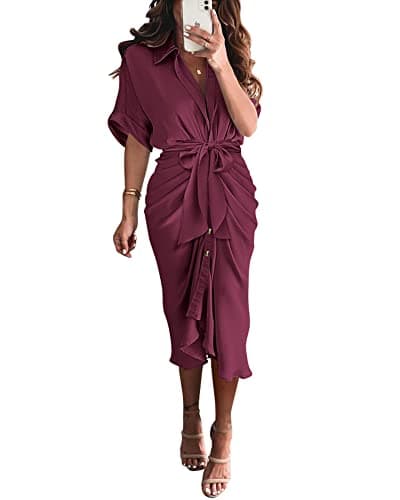 BTFBM Dresses for Women Summer Button Short Sleeve Silk Satin Ruched Spring Maxi Dress 2026 Cocktail Party Wedding(Purple Red, Medium) - Image 1