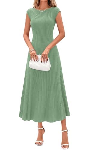 BTFBM Womens Spring Dresses 2026 Asymmetrical Neck Short Sleeve Pleated Swing Knit Midi Dress Business Casual(Sage Green, Large) - Image 1