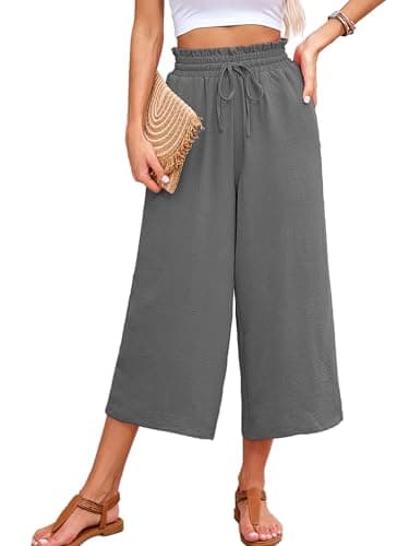 KORSIS 2026 Capris Pants for Women Wide Leg High Waisted Cropped Summer Dressy Lightweight Vacation Beach Tie Belt Trousers with Pockets Gray XX-Large - Image 1