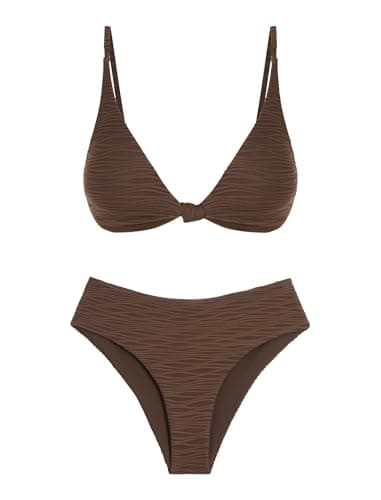ZAFUL Women's Two Piece Brown Swimsuits Sexy V Neck Kont Front Bikini Sets Cheeky High Cut High Waisted Thong Bikini Swimwear XL - Image 1