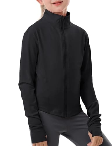 Gihuo Girls Zip Up Workout Jacket Lightweight Athletic Horse Riding Jackets Cropped Gym Yoga Track Shirts with Thumb Holes(Black-7-8Y) - Image 1