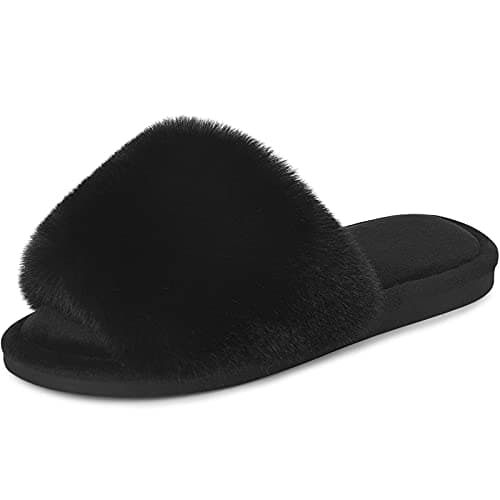 Parlovable Women's Faux Fur Slippers – Fluffy Open-Toe Memory Foam Slides with Anti-Slip Sole, Indoor & Outdoor House Shoes Black 5-6 - Image 1
