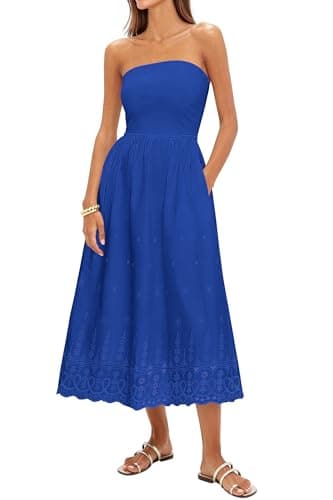 PRETTYGARDEN Womens Summer Dresses 2026 Sexy Sleeveless Tube Top Long Dress Eyelet Cotton Maxi Beach Sundress Pockets(Blue,Large) - Image 1