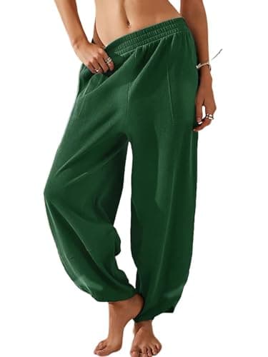 EGUGYDW Womens Baggy Wide Leg Pants Elastic High Waisted Palazzo Harem Trousers with Pockets Dark Green M - Image 1