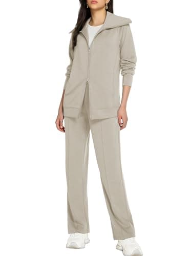 Casly Lamiit Womens 2 Piece Sweatshirt Lounge Sets Casual Long Sleeve Double Zipper Sweatsuit Athletic Jogging Outfits Travel Tracksuit Dark Beige XL - Image 1