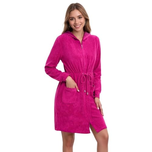 Navisting Women Terry Cloth Zipper Robe Zip Up Bathrobes with Pockets Hooded Cotton Housecoat Nightgown Loungewear Sleepwear Magenta S - Image 1