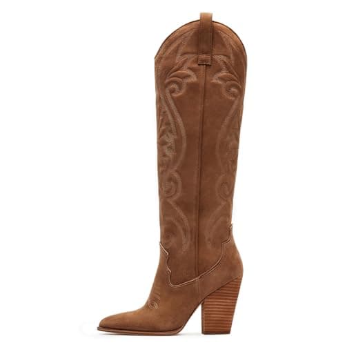 VOMIRA Knee High Cowboy Boots - Suede Women's Pointed Toe Chunky High Heels Pull-on Embroidered Western Wide Calf Cowgirl Boots - Image 1