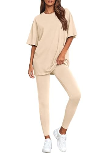 BTFBM Two Piece Lounge Set Women 2026 Spring Casual Oversized Shirts Leggings Matching Workout Airport Travel Outfits(Beige, XX-Large) - Image 1