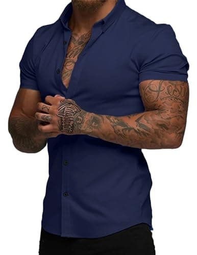 JMIERR Men's Muscle Fit Dress Shirts Wrinkle-Free Short Sleeve Casual Button Down Shirt Summer Beach Shirts,L,Blue - Image 1