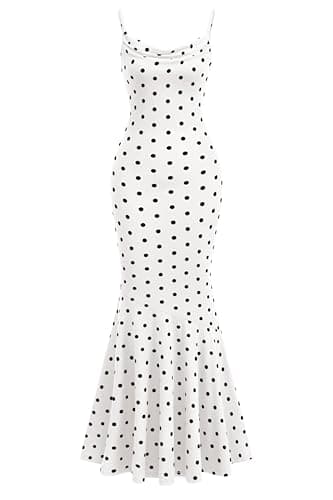 PRETTYGARDEN Womens Summer Dresses 2026 Polka Dot Spaghetti Strap Cowl Neck Bodycon Wedding Cocktail Mermaid Maxi Dress(Dot White Black,XX-Large) - Image 1