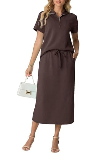 GRECERELLE 2 Piece Spring Outfits for Women Short Sleeve Top with Pocket Maxi Dress Sets(2XL, Dark Coffee) - Image 1