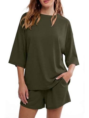ANRABESS Womens Pajama Sets 3/4 Sleeve Oversized Tops and Elastic Waist Shorts Lounge Sets Loungewear Green 2X-Large - Image 1