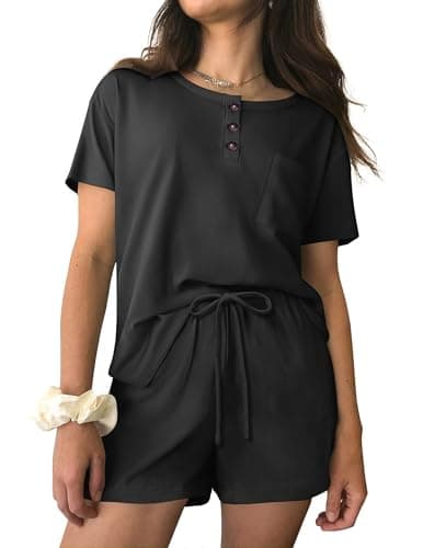 Ekouaer Womens Pajama Sets 2 Piece Ribbed Knit Pjs Short Sleeve Soft Sleepwear Summer Lounge Sets,Black,M - Image 1