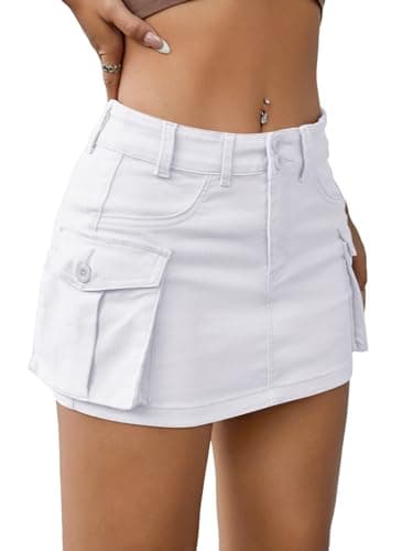 EARKOHA Women's Mini Cargo Skirt Y2K Button Low Waist Short Skirts Bodycon Denim Jean Skirt with Flap Pockets White XL - Image 1